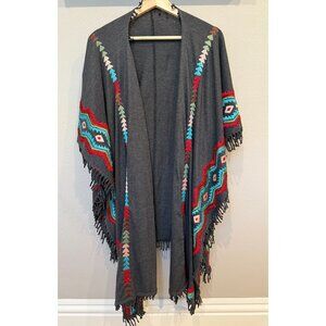 Scully Women's Embroidered Gray Fringe Aztec Print Poncho Sweater Small Western